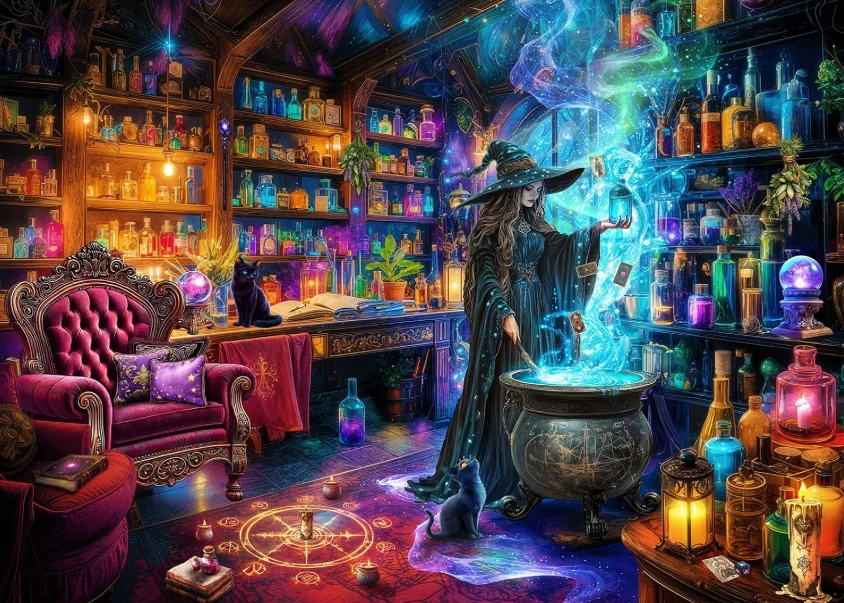 500/1000/1200/2000PCS Witch Workshop Jigsaw Puzzle Magical Cauldron Glowing Magic Scene DIY Puzzle Leisure Decor Present