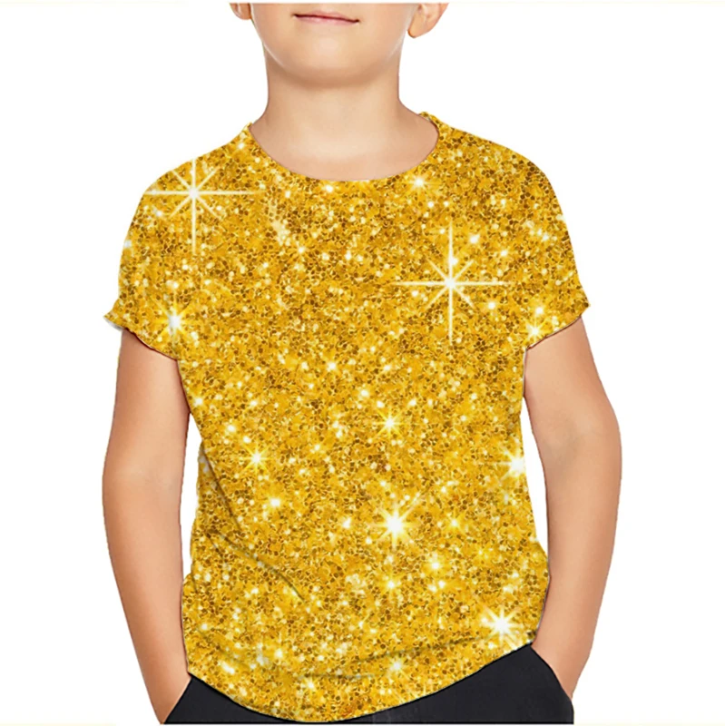 Shiny Gold T-Shirts 3D Tees Fashion Boys Girls Children O-Neck Oversized Short Sleeve Summer Casual Kids Tops 2023