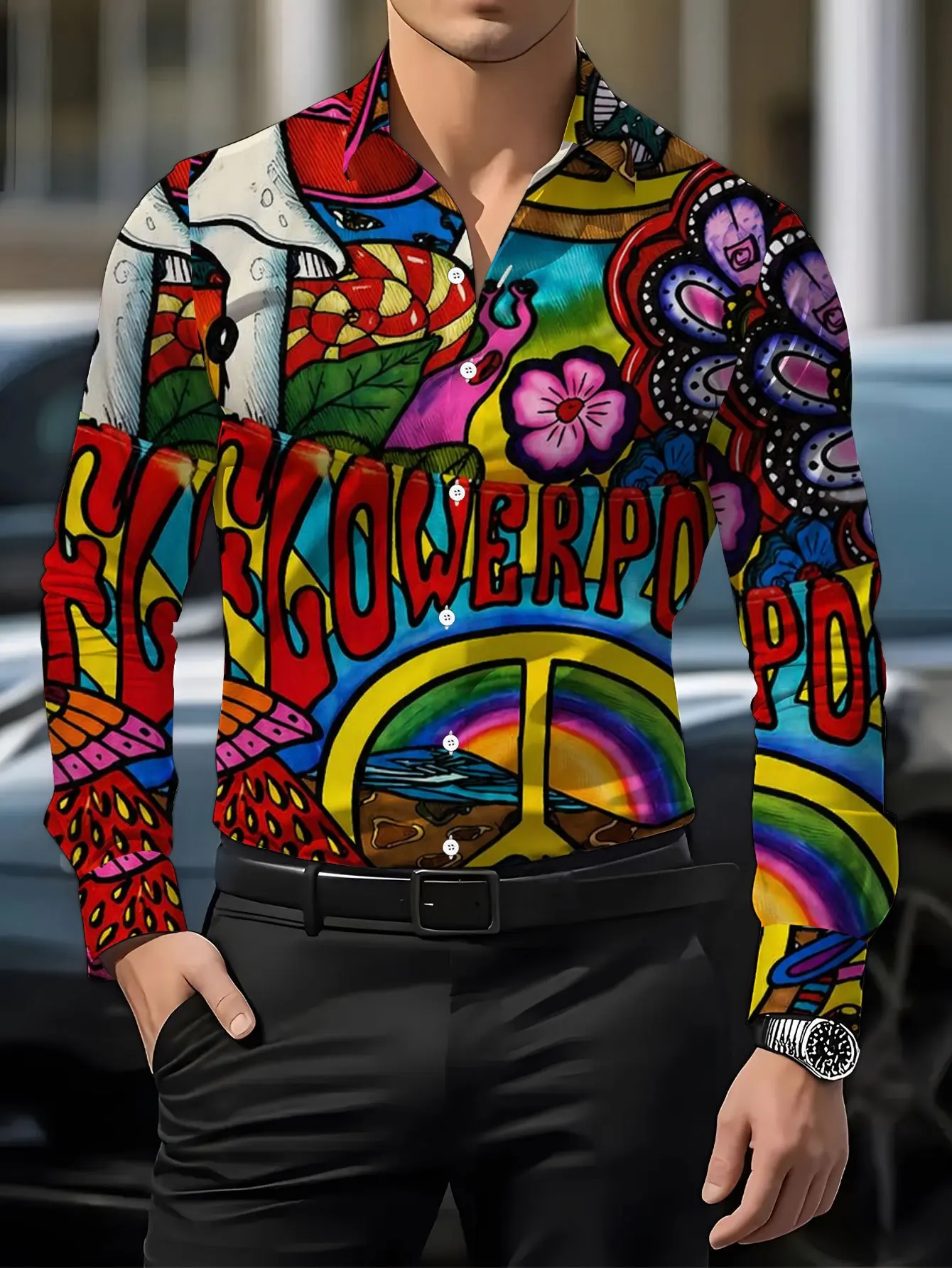 2026 Men Long Sleeve Shirt Colorful Hippie Flower Rainbow Peace Print Turn Down Collar Daily Top Men's Clothing