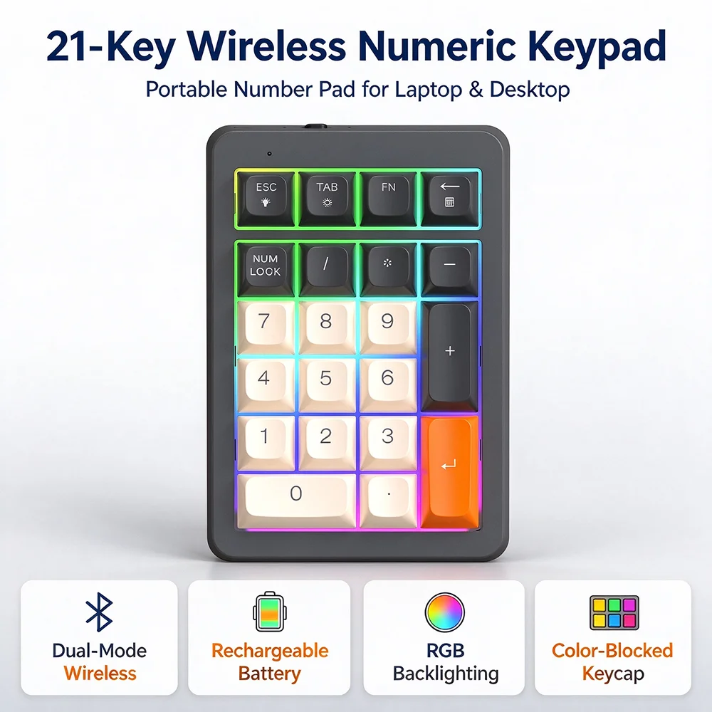 FREEWOLF M21 Wireless Numeric Keypad 21 Keys Bluetooth 2.4G Dual Mode RGB Backlit 950mAh USB-C Numpad for Laptop PC