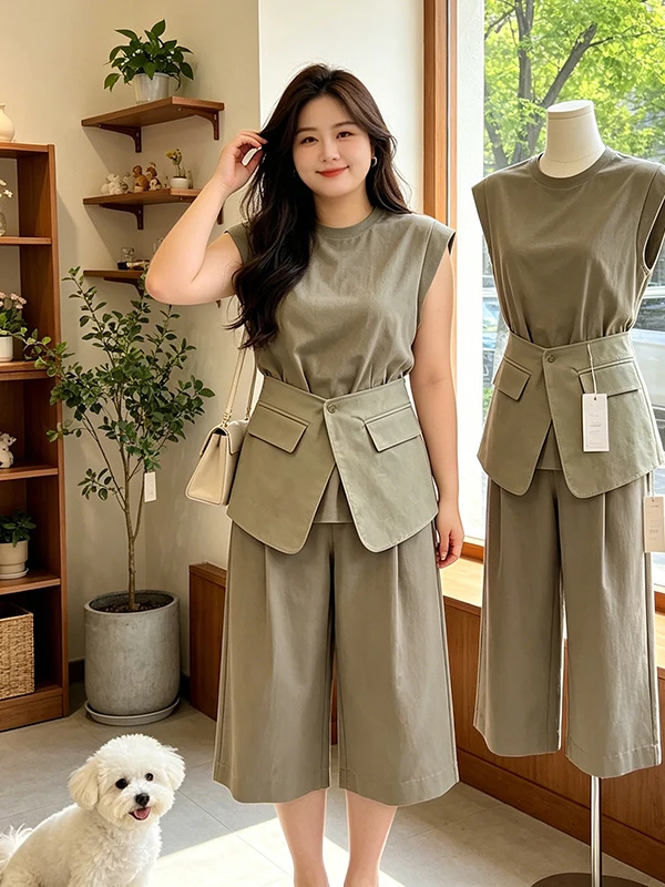 

Elegant plus Size Women's Summer Outfit Set High Waist Wide Leg Pants Crop Top Three Piece Ensemble Korean Style Commute Wear