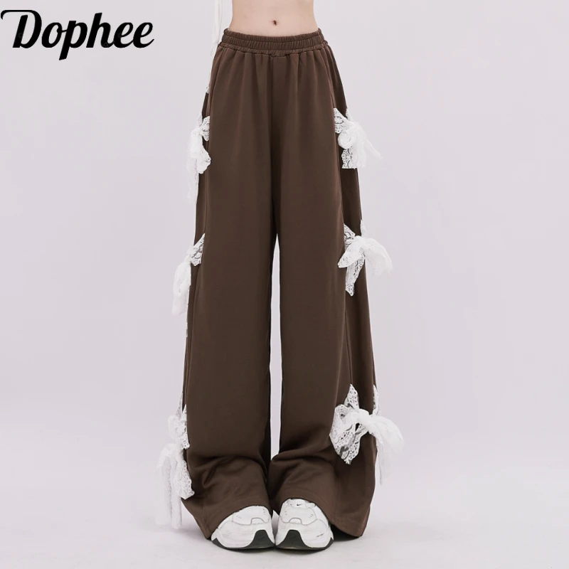 

Dophee Casual Sports Pants 2024 New Spring Lace Bow Elastic Waist Loose Straight Pants Spice Girls Coffee Trousers Sweatpants