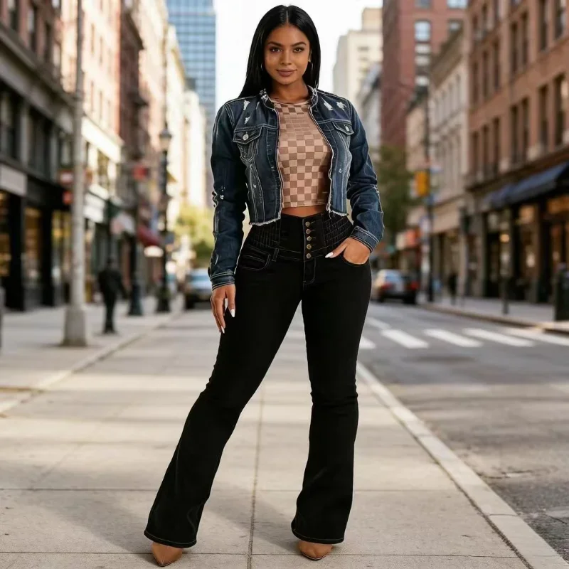 Women High Waist Multi Button Black Bootcut Jeans Stretch Slim Fit Flared Denim Pants Ladies Casual Long Trousers