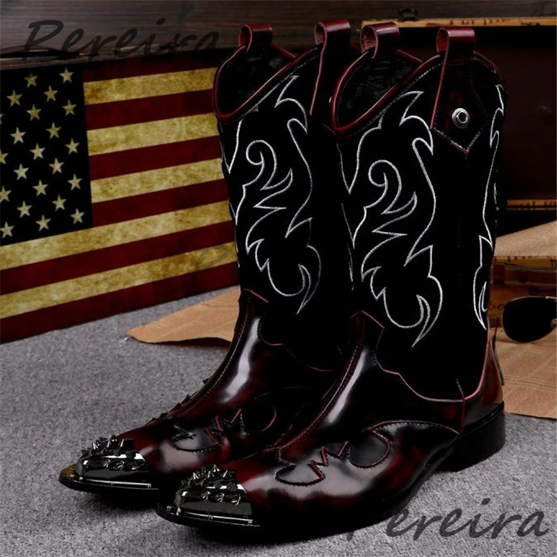 British Style Retro Wine Red Men's Boots Fashion Embroidered Rivet Pointed Toe Slip-On Western Cowboy Boots Autumn Leather Shoes