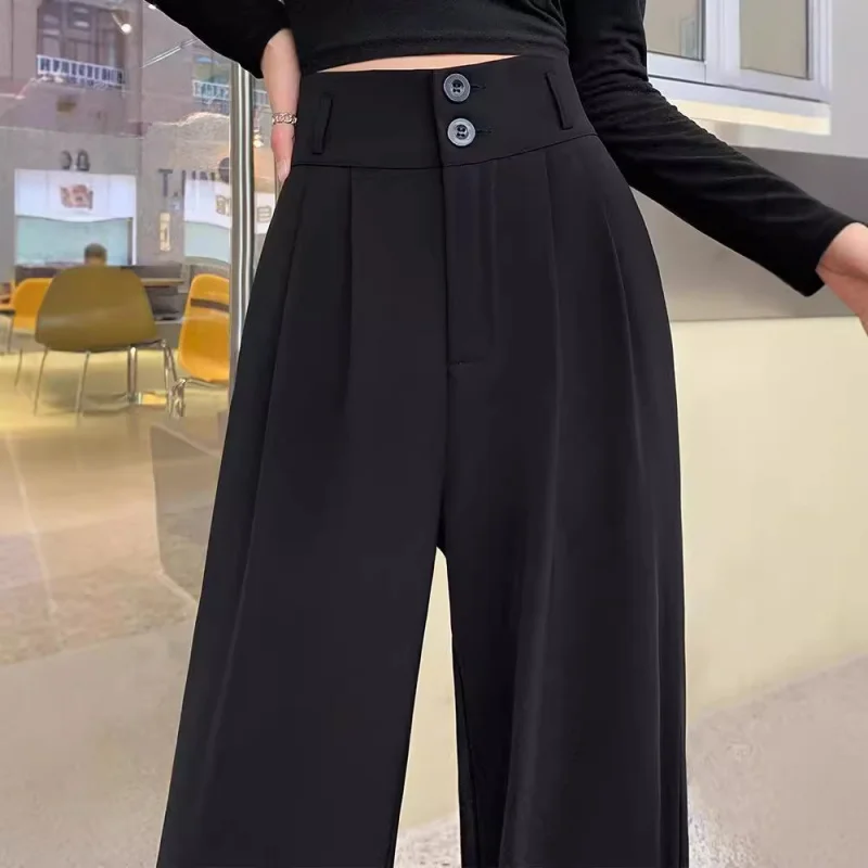 

Осенние тонкие костюмные широкие брюки для женщин2024Новые весенне-осенние черные прямые брюки премиум-класса с высокой талией и драпировкой Ef