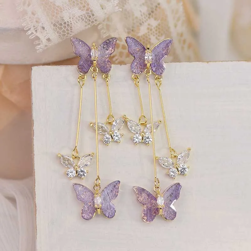 925 Silver Needle Purple Butterfly Long Tassel Earrings For Women Jewelry 2024 Trending Korean Luxury Crystal Earrings Z40