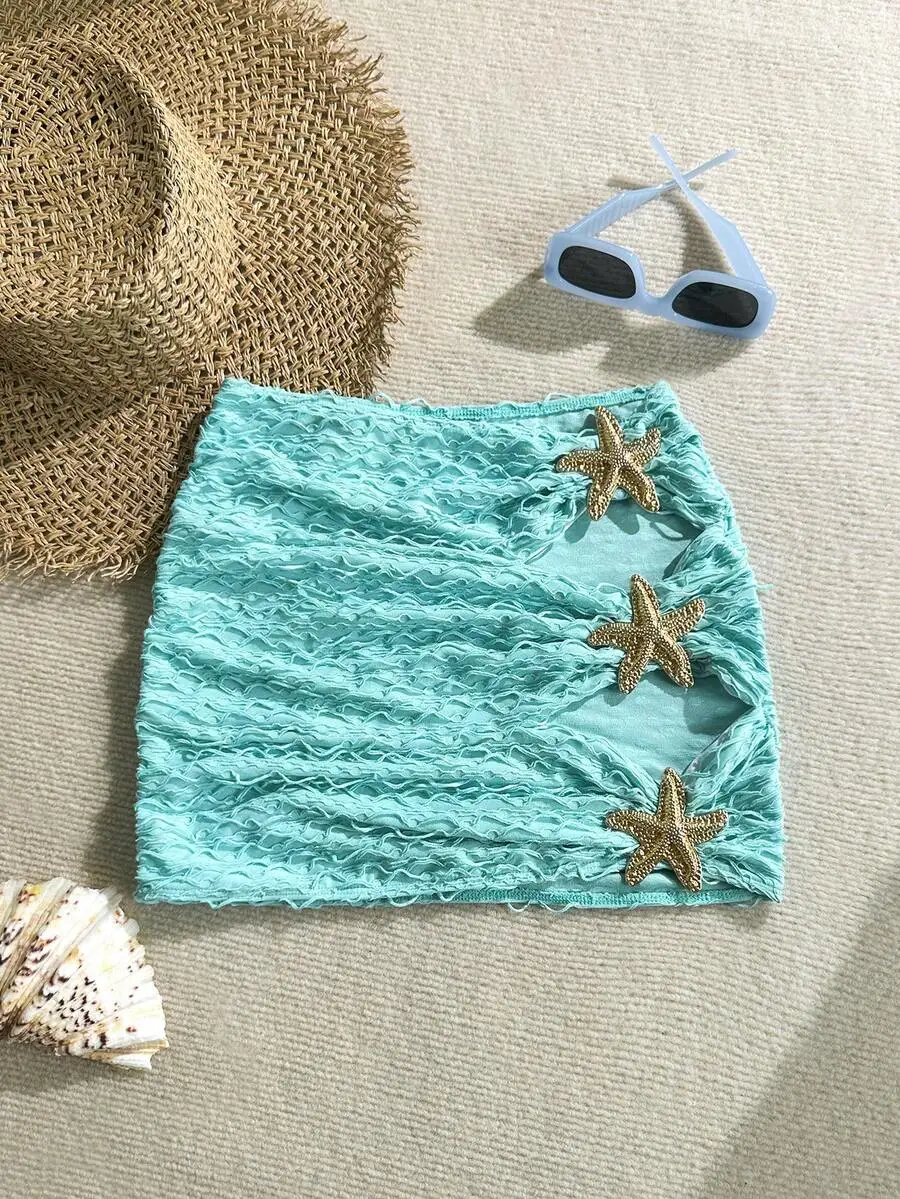 

Turquoise Ruched Mini Skirt With Gold Starfish Embellishments For Women Summer Beach Outfit