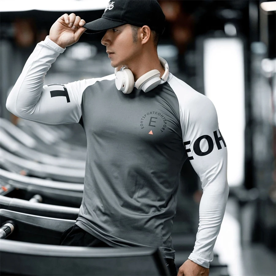 Men Bodybuilding Long Sleeve Shirt Male Casual Printing Skinny T-Shirt Gym Fitness Workout Tees Tops Running Quick Dry Clothing image 3