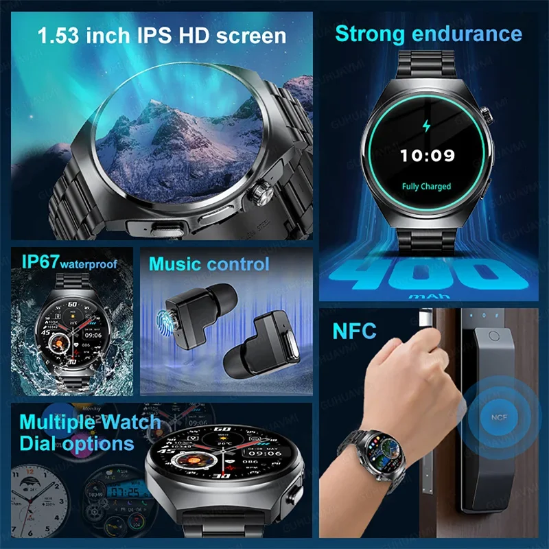 Dual Earbuds Call Health Monitor Sport Tracker NFC Smart Watch New Man Smart Watch TWS Headset Two in One Wireless Bluetooth