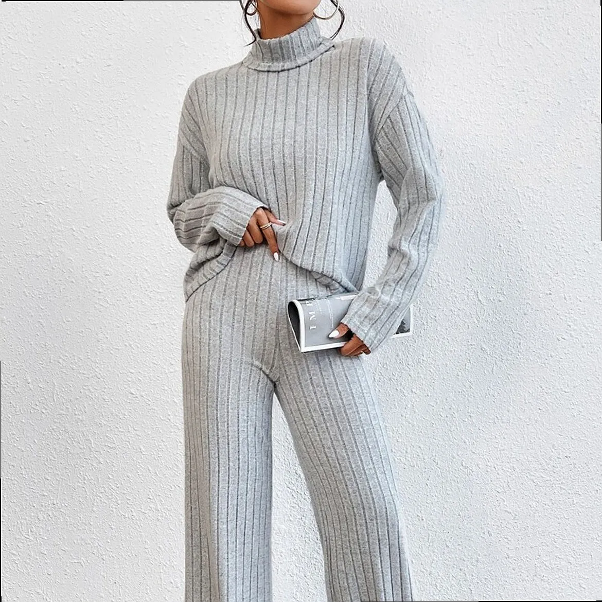 Solid Color High Neck Ribbed Loose Wide Leg Pants Lounge Set Matching Sets