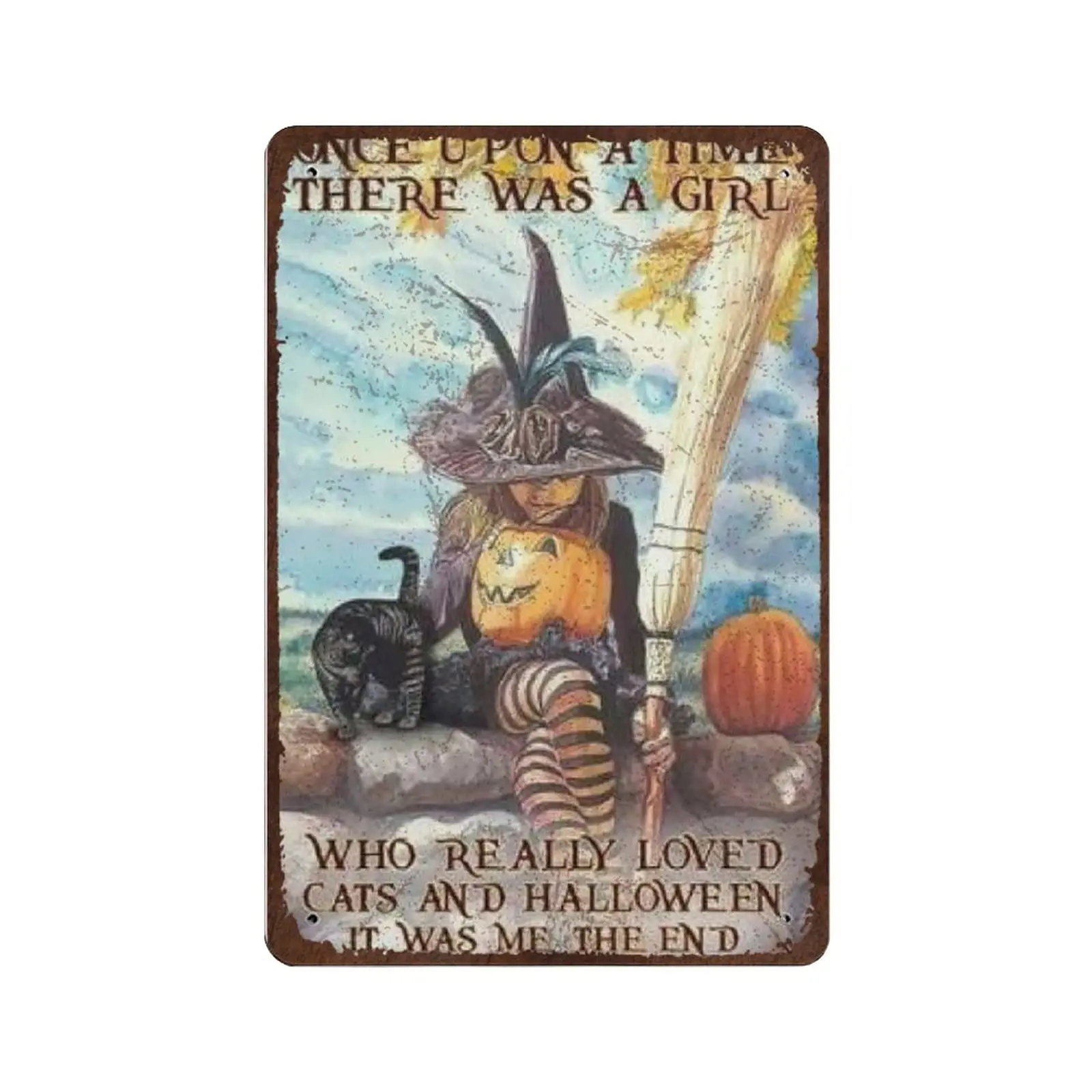Dreacoss Vintage Tin Sign,Metal Plate Decorative Sign,There was A Girl Who Really Loved Cats and Halloween Tin Sign,Iron Wall Ar