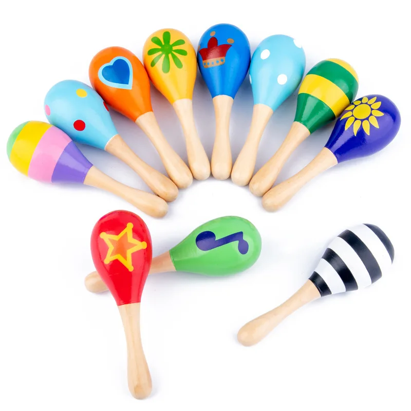 Wooden Maraca Rattles Shaker Percussion Kids Holds Musical Toy Cartoon Sand Ball Wooden Sand Hammer Auditory Ringing Exercise