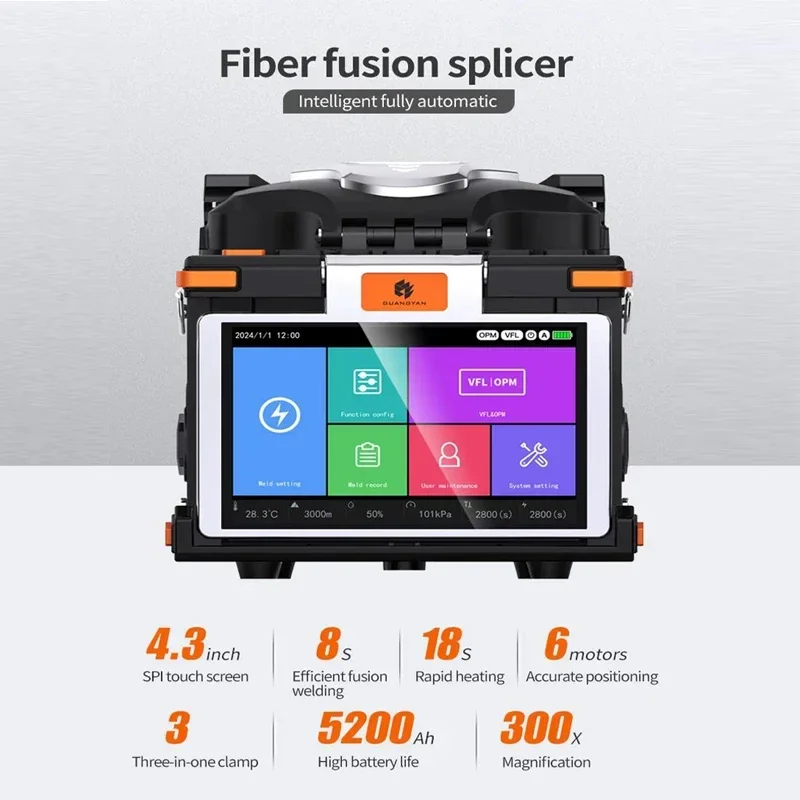 M5 optical fiber fusion splicer with touch screen OPM and VFL available in English, French, Spanish, Portuguese,Russian Italiano