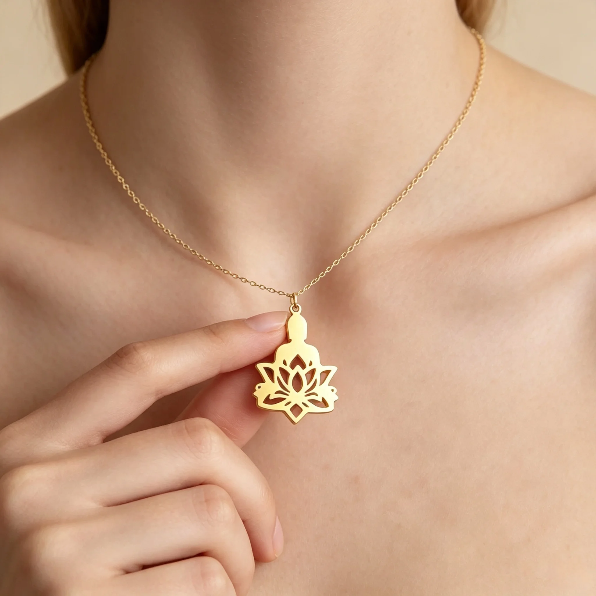 Stainless Steel Hollow Buddha In Lotus Pendant Necklace for Women Minimalist Gold Color Necklace Girl Wedding Party Jewelry