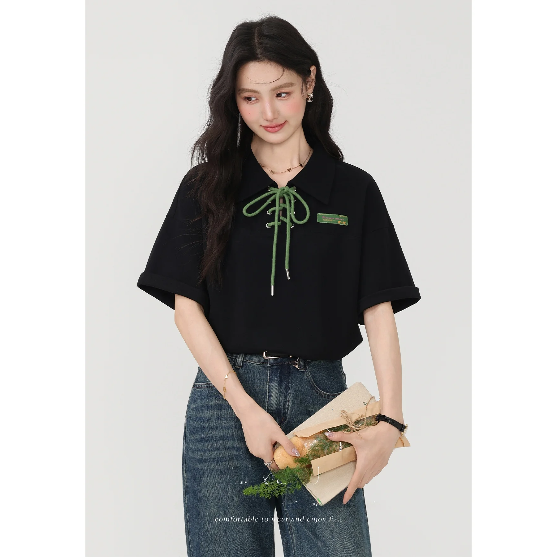 

Bla Loose ort Sve Ne T-irt Women's Summer New Sle Zhang Ginger Drink Knot Slimming Top