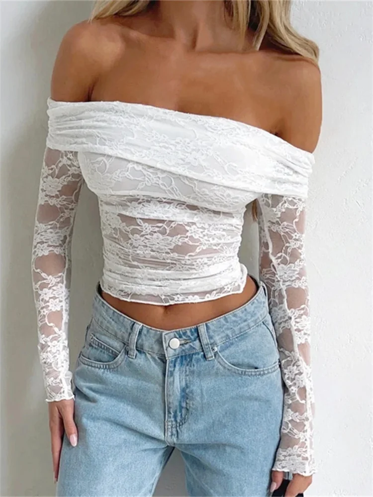 Sexy Women Off Shoulder Lace Blouse Lace Tops Long Sleeve Off Shoulder Slim Fit Cropped T-shirt Sexy Elegant Chic Shirts