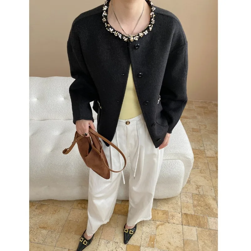 Elegant Wool Blended Double-sided Fragrant Coat Women Autumn Winter Fashion Sweet Warm French Black White Tweed Short Coat