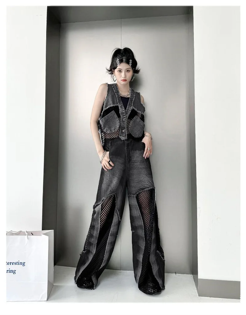 Grid Splicing V-neck Denim Vest Women's Summer European Goods Explosive Street Fashion Brand Loose Short Sleeveless Vest Jacket