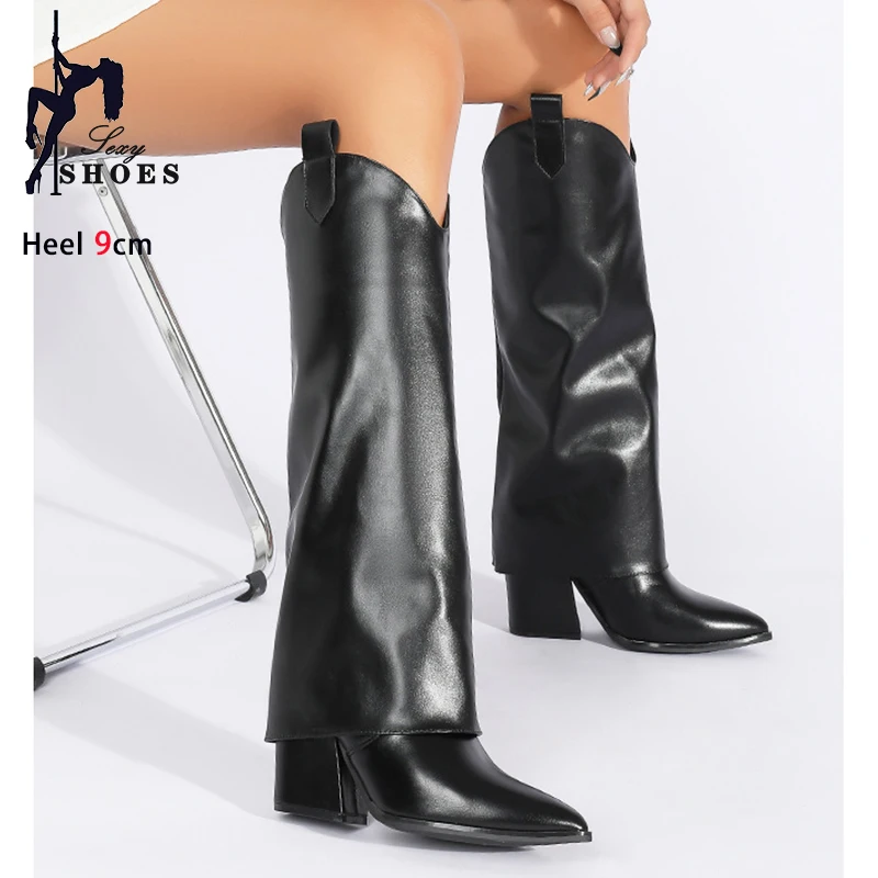 2024 New Western Cowboy Boots Women Fashion Pointy Toe Turned-Over Edge Long Shoes Female Chunk High Heels Black Knee High Boots