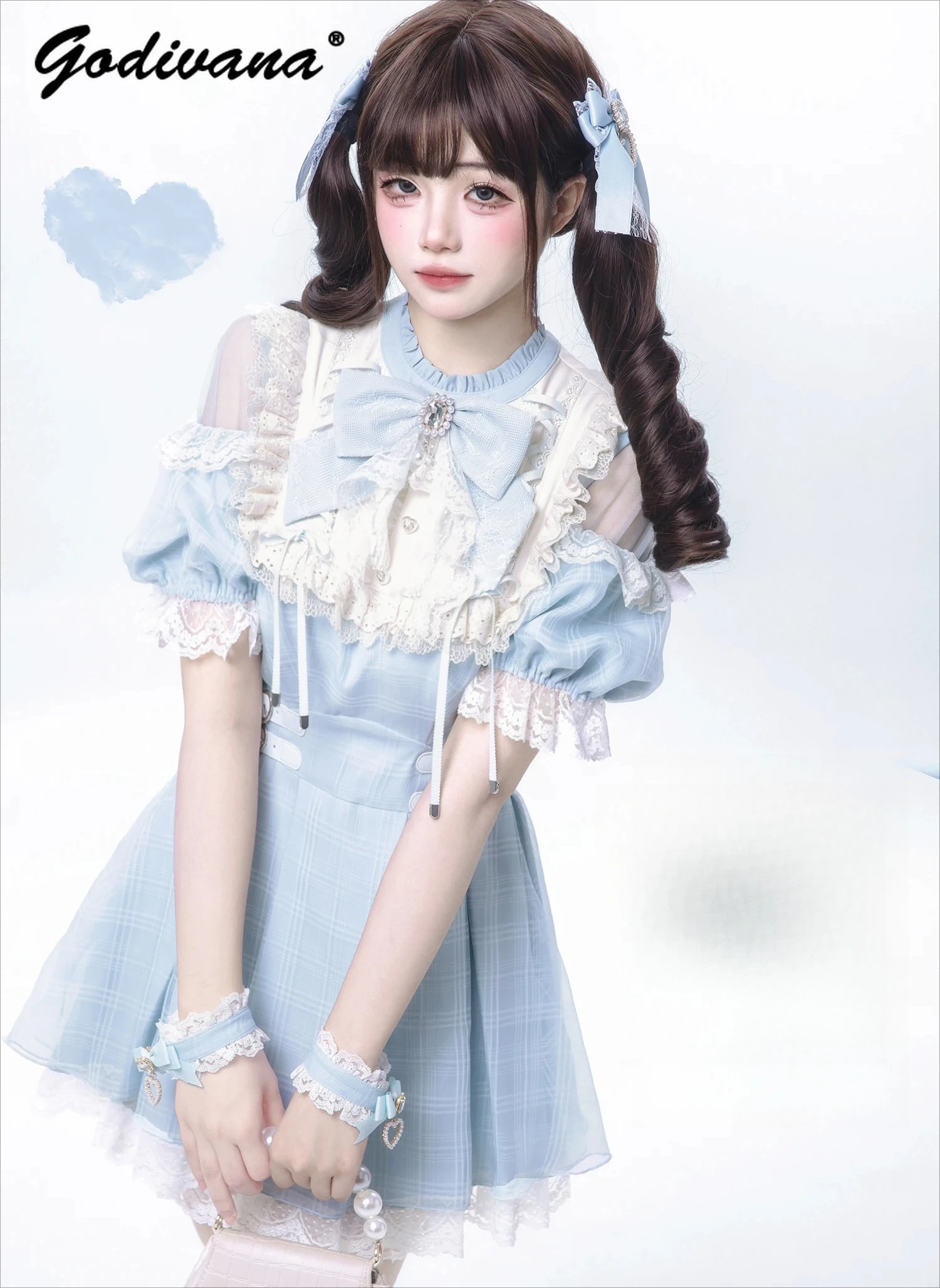 

Original New Summer Japanese Mass-produced Water Color Short-sleeved Y2K Dress Sweet Girl Women's Lace Splicing Short JK Dresses