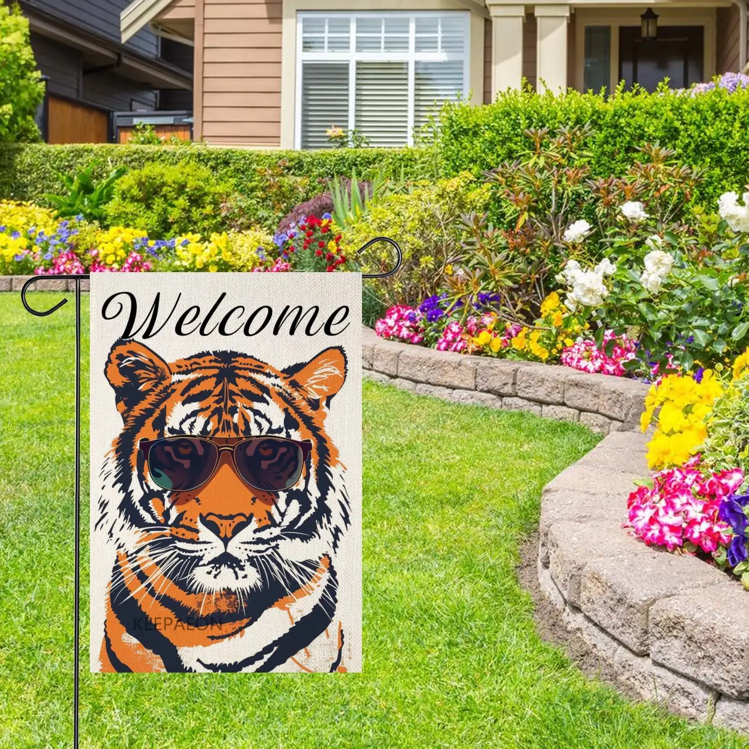 Spring 12X18 Inch Tiger with Sunglass Garden Flags, Welcome Tiger Summer Garden Flag for Outside/Outdoor Hanging Decorations Yard Flag (solely Flag)