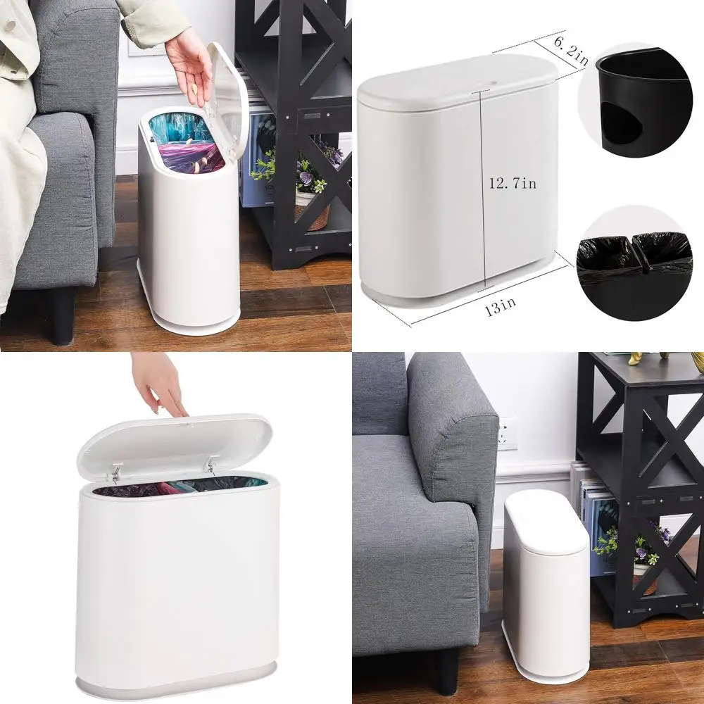

Pet-Resistant Slimline 12L White Bathroom Trash Bin with Press Lid for Home, RV, and Office Use