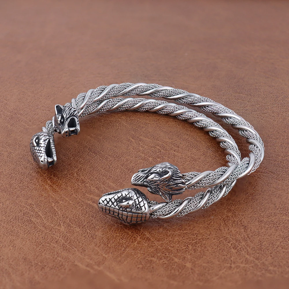 

Fashion Charm Stainless Steel Viking Wolf Head Twist Cuff Bracelet Popular Opening Adjustable Snake Bangles Jewelry Dropshipping