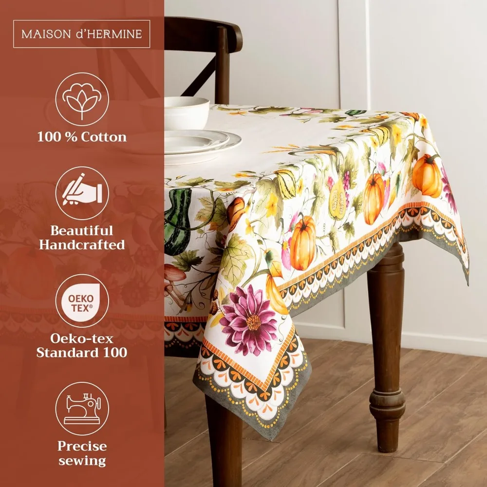 Cotton Rectangle Tablecloth 100% Cotton 60x120 Inches for Fall, Thanksgiving, Reusable Everyday Table Cover