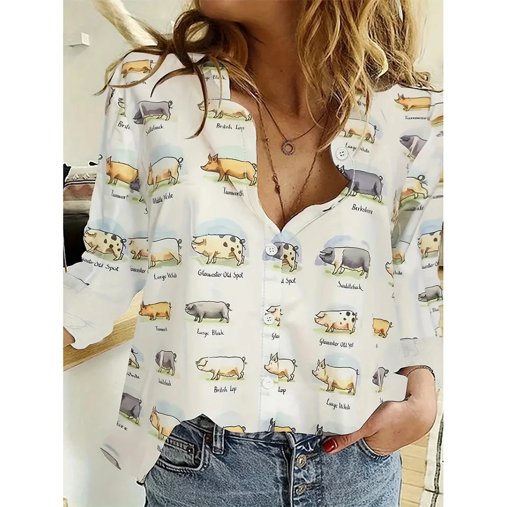 Women\'s New Single-Breasted Shirt 3d Cute Animal Print Long-Sleeved Shirts Fashionable Basic Tops Lapel Shirts & Blouses Spring