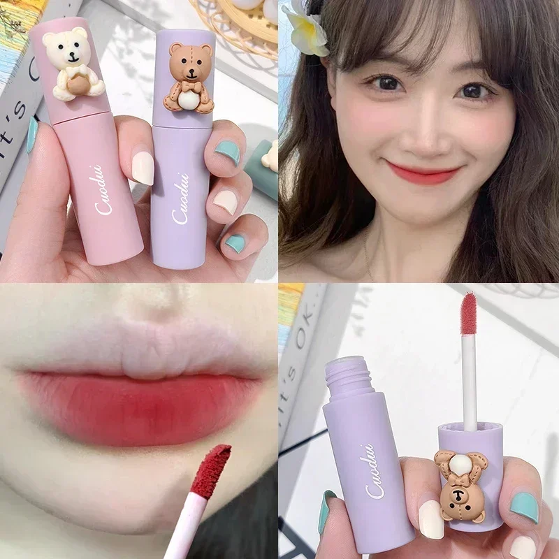 Girl\'s Velvet Matte Lipstick Blush Waterproof Long Lasting Cute Bear Lipgloss Non-Stick Cup Makeup Lip Tint Mud Cosmetic Makeup