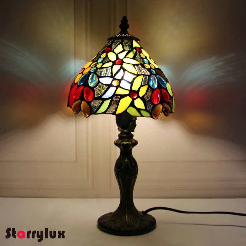 8/12 Inch  Flower Table Lamp Stained Glass Bedroom Night Light Eye Care Resin Base Vintage