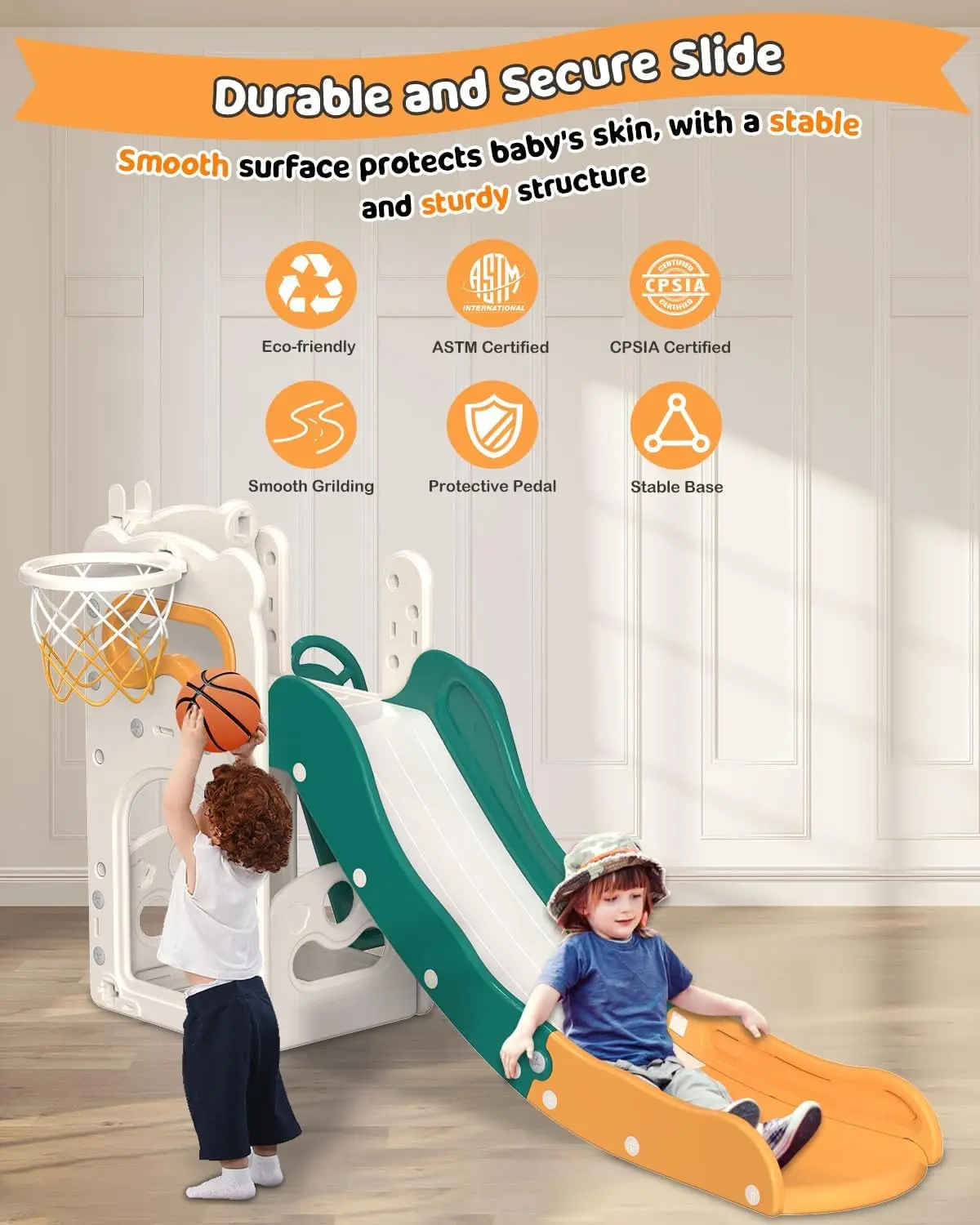Toddler Slide, 6 in 1 Kids Indoor Slide for Toddlers 1-3, Kids Playground for Indoor Outdoor with Basketball Hoop and Telescope,