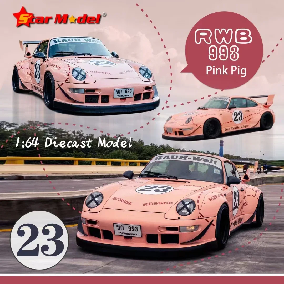 Star 1:64 RWB 930 GT Wing Pink Pig Diecast Diorama Car Model Collection Miniature Toys