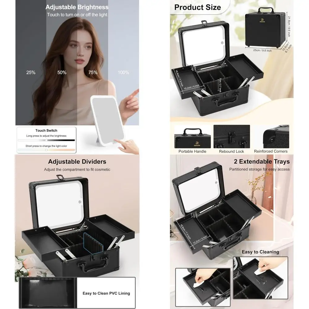 

Large Black LED Lighted Travel Makeup Case with 2 Trays, Vanity Mirror & Brush Holder for Beauty Kits & Crafts
