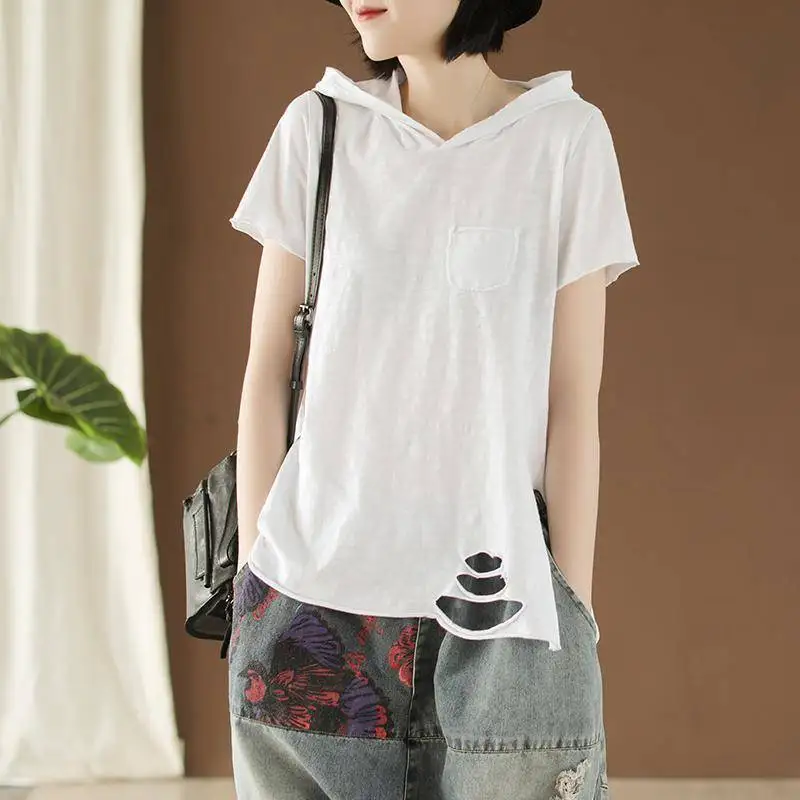 

Hooded Trend T-shirts Women's Summer New Short Sleeve Loose Solid Hole All-match Street Casual Tops Fashion Lazy Style Clothing
