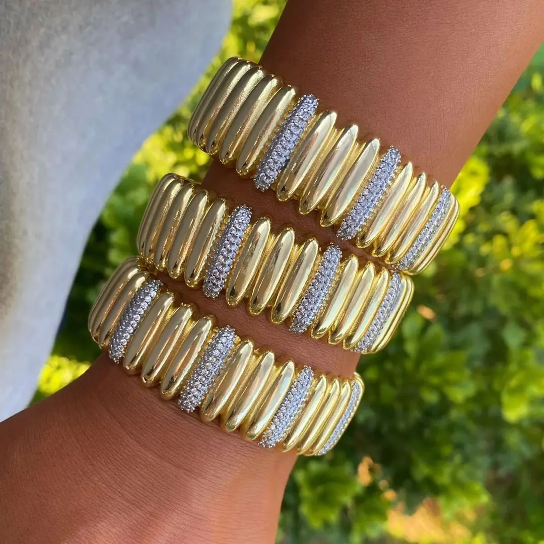 3PCS, Hip Pop Polish Geometric Women Cuff Bracelet Gold Metallic Plated Crystal Zircon Bangle Jewelry Gift