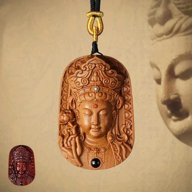 Wooden Guanyin Bodhisattva Buddha head pendant Solid Wood Fine carving Feng Shui tag Home Room, Car Decorations Gift Souvenir