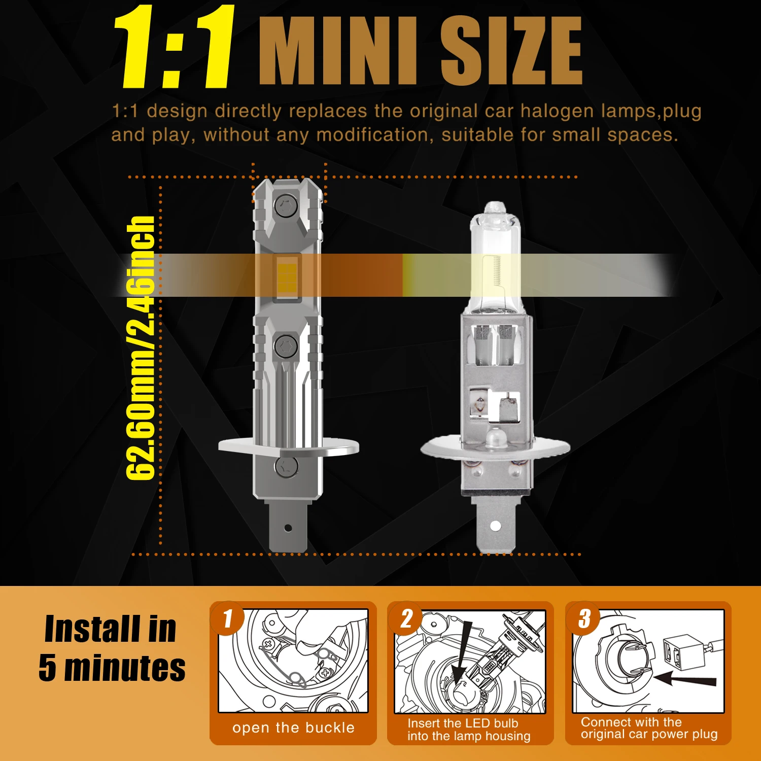 2pcs H1 Led P14.5s No Adapter Required Headlight High Power Bulbs Super Bright Powerful Car Turbo Diode White Moto Fog Lamp 12v
