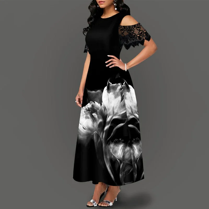 Robe longue d'été en dentelle pour femmes, manches dénudées, polyvalente, décontractée, col rond, impression d'épissure, Slim, taille haute, nouvelle collection