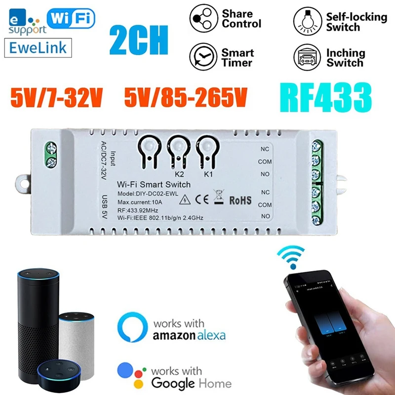 2CH Wifi Smart Switch DIY Timer Ewelink 85-265V 2.4G Wifi+RF433+BT Home Automation Module For Alexa Google Home IFTT Easy To Use