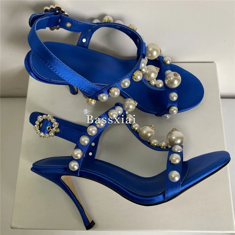 لؤلؤة حبة ديكور T-حزام خنجر كعب الصنادل للنساء الفاخرة الساتان الكاحل Strappy أحذية الحفلات 10 سنتيمتر الصيف #6