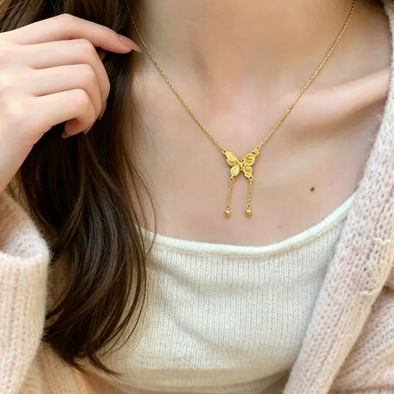 Gold floret butterfly fringe necklace light luxury small fashion design sense senior temperament all build collarbone chain