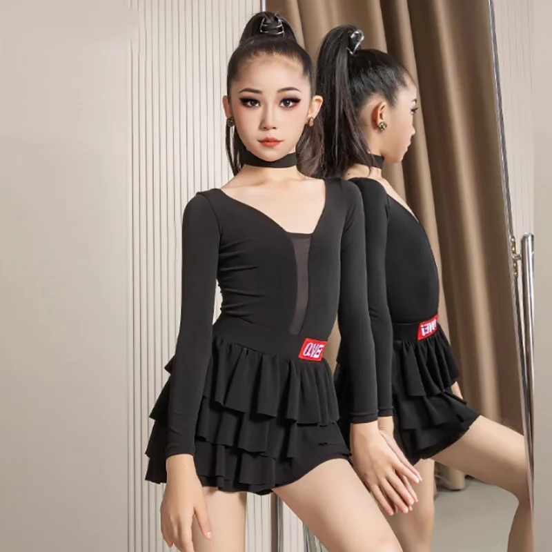 Costumes de danse latine pour enfants, body à manches longues et jupes de gâteau d'entraînement, vêtements de danse Rumba pour salle de bal