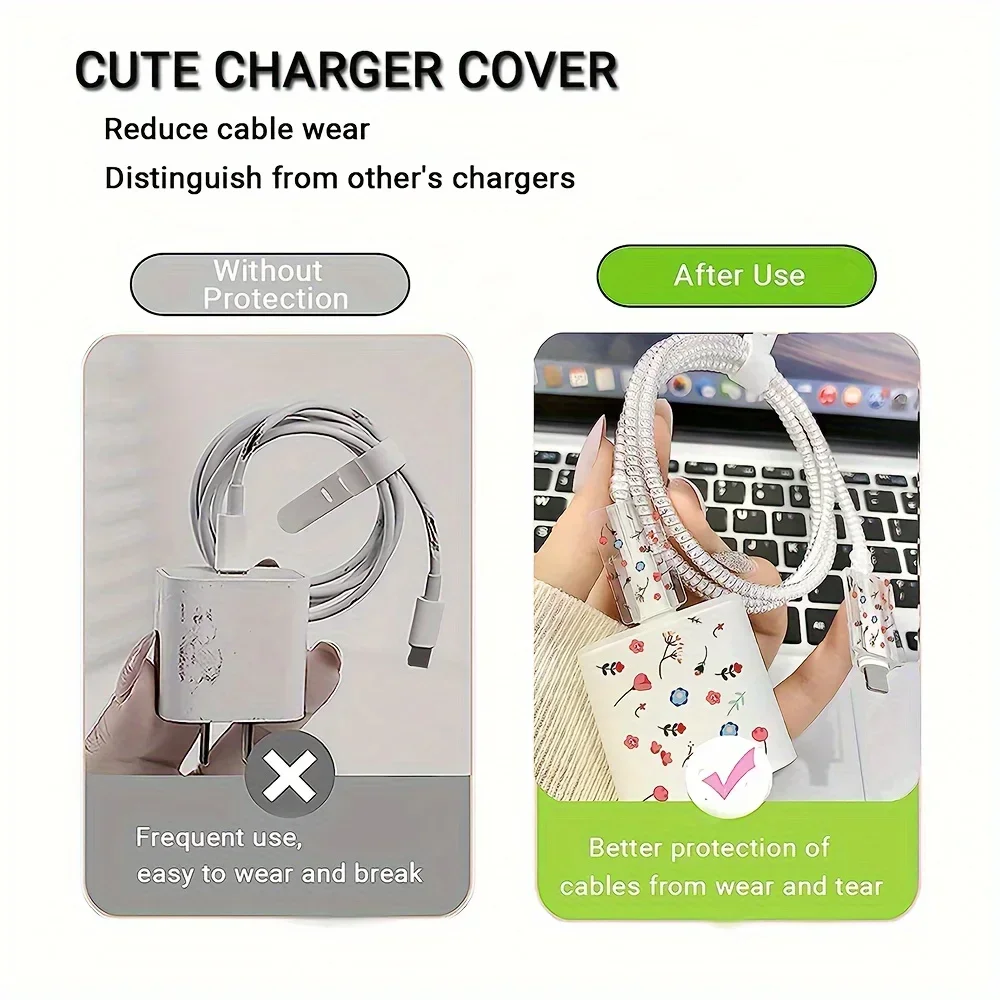 5pcs/set Hybrid Floral Charger Protector For iPhone 20w Charger Cable Management  Wire Organizer  Silicone Cable Organizer