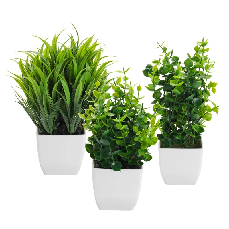 3 Pack Fake Plants In Pots Artificial Eucalyptus Plant Mini Potted Faux Plants Indoor Small Plastic Wheat Grass Shrubs