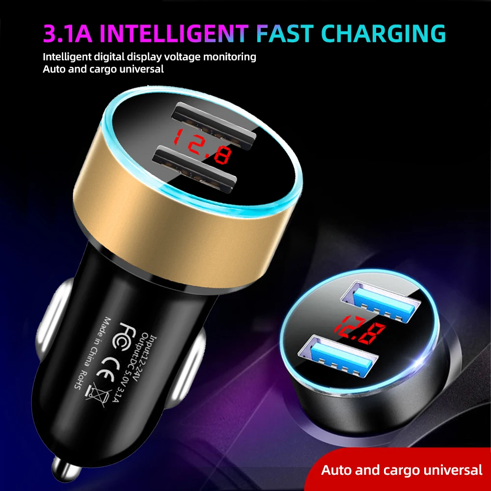 3.1A Dual Usb Car Charger 2 Ports Lcd Display 12V Car Cigarette Lighter Power Adapter Socket Car Phone Charger for iPhone Xiaomi