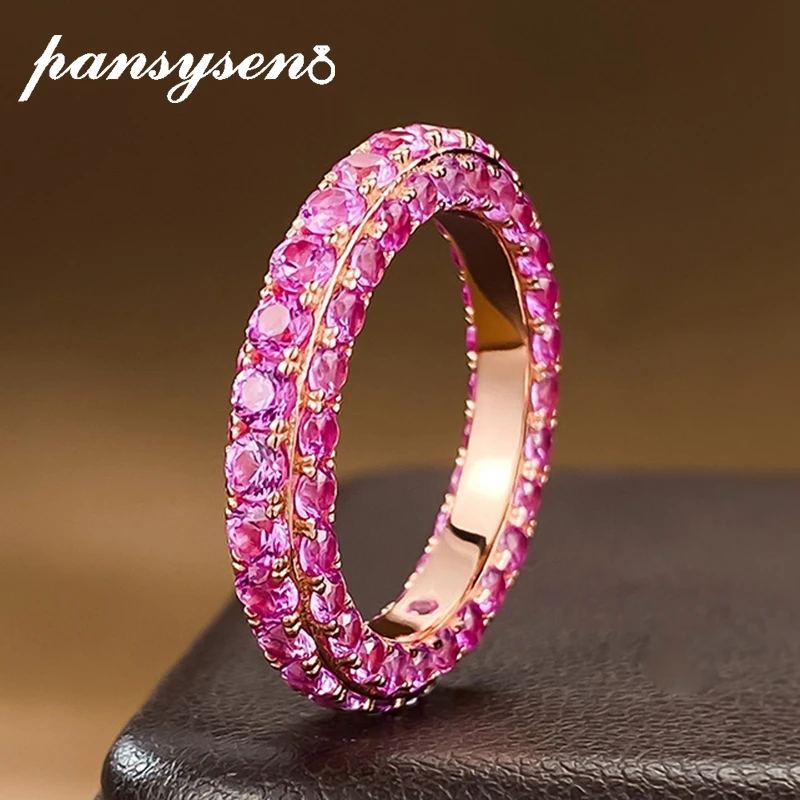 Imagem -03 - Anel Safira de Prata Esterlina para Mulheres Banhado a Ouro 18k Diamante de Alto Carbono Joias de Casamento Luxo Rosa Branco Pansysen-925