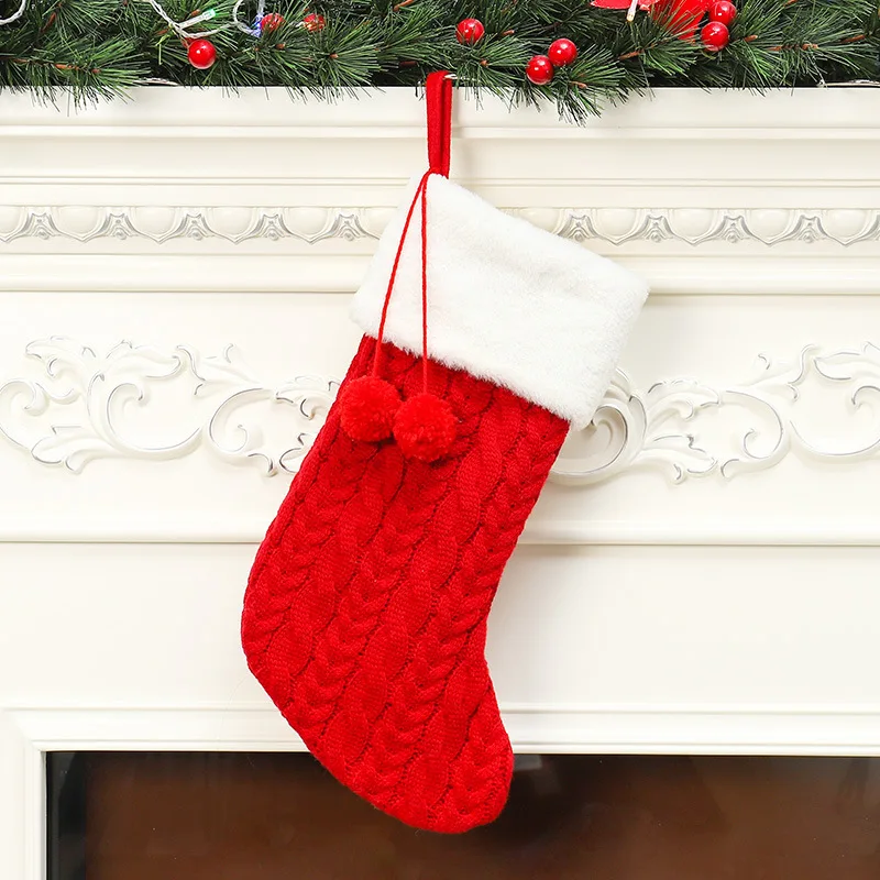 Christmas outdoor decoration Kids gift thickened knitted solid color sock Santa faux fur Christmas stocking with pompon