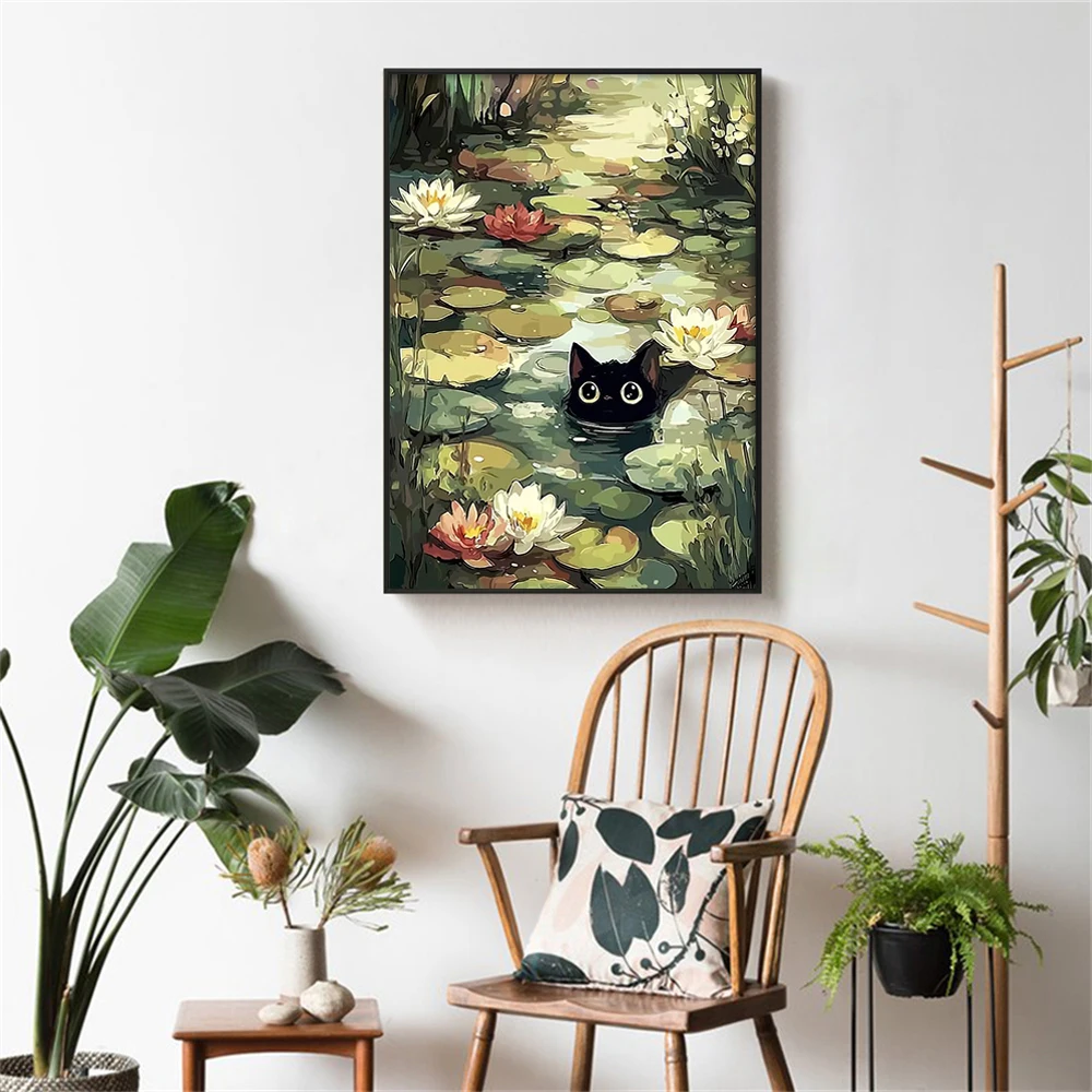 Aesthetic Cat Wall Art Canvas Poster Cute Kitten with Flowers Plants Cartoon Animal Print Home