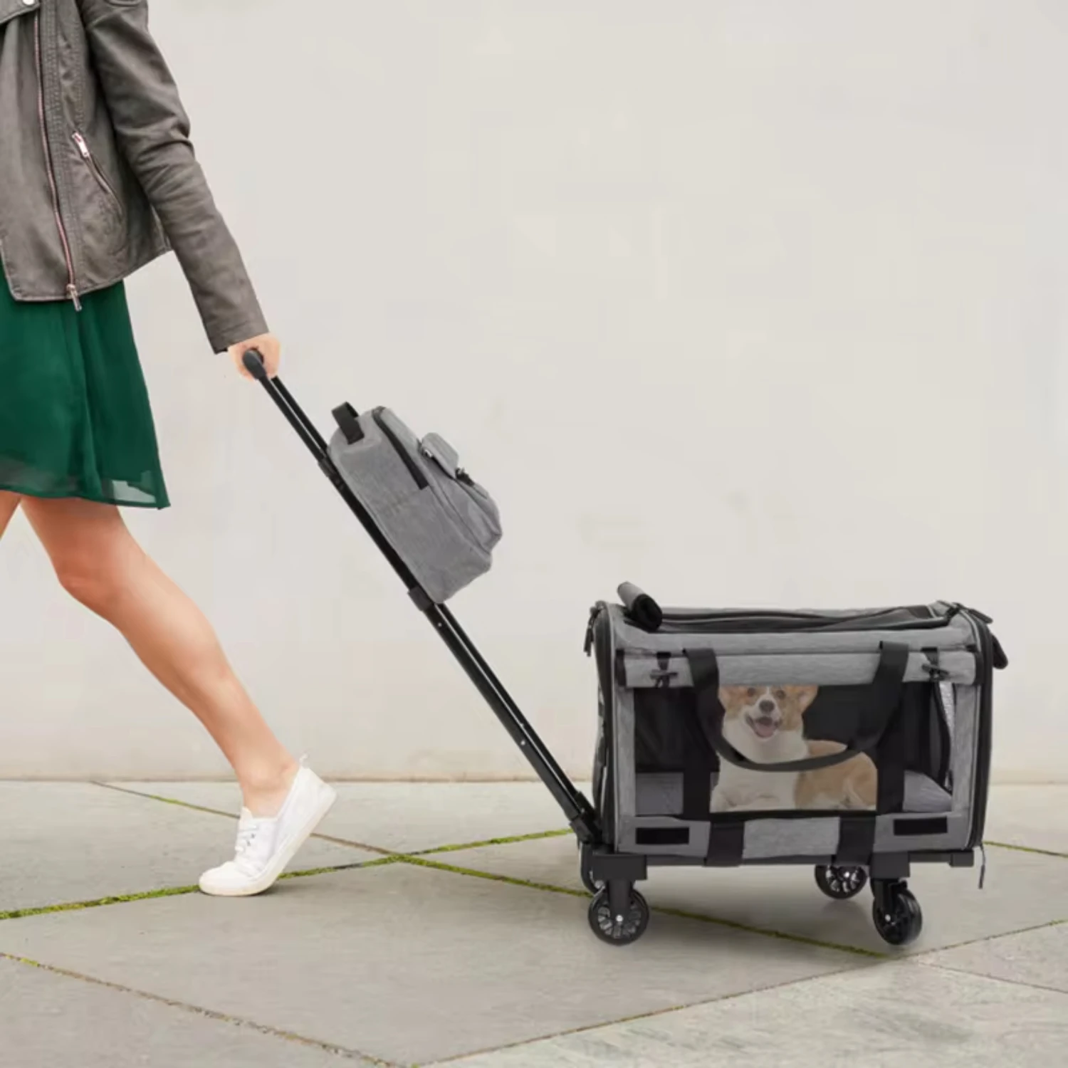 Ample  Capacity Multiple Carrying Methods Dog Strollers  Pet Dog Cat Rolling Cat Carrier with Dual-use Pads Litter